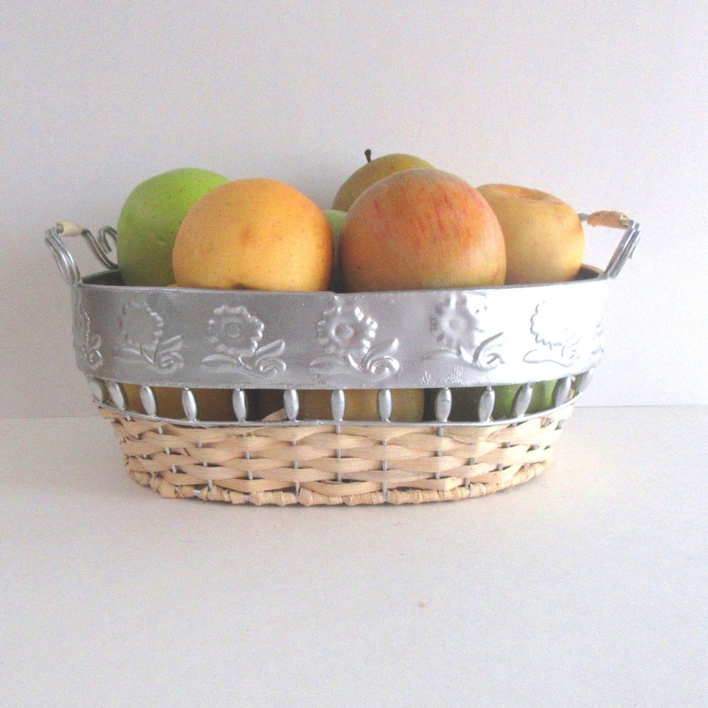 Vintage straw & embossed silver metal woven basket